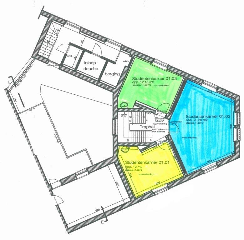 studentenkamers 3de verdiep plattegrond